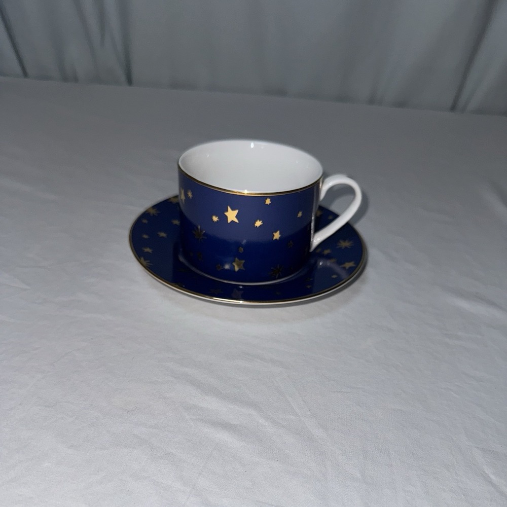 Sakura Galaxy Fine Porcelain Flat Bottom Tea Cup & Saucer Celestial Gold Stars